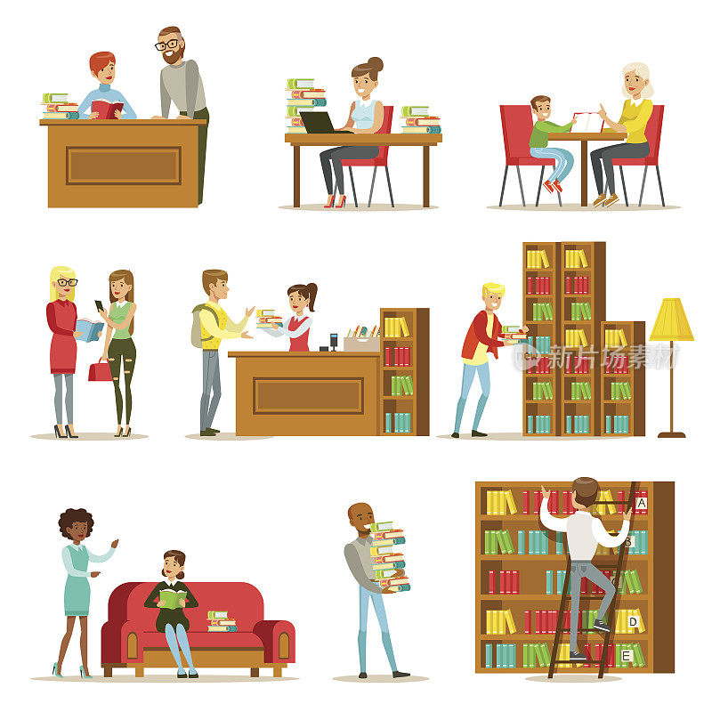 People Talking And Reading Books In Library Set Of插图